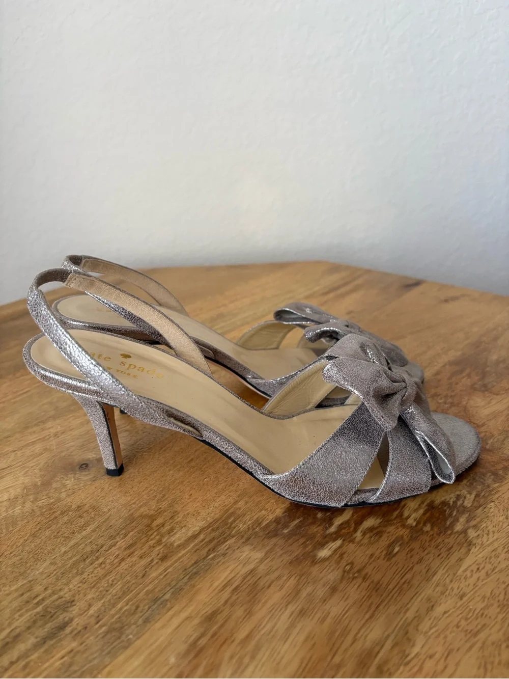 kate spade Metallic Silver Bow Slingback Kitten Heels